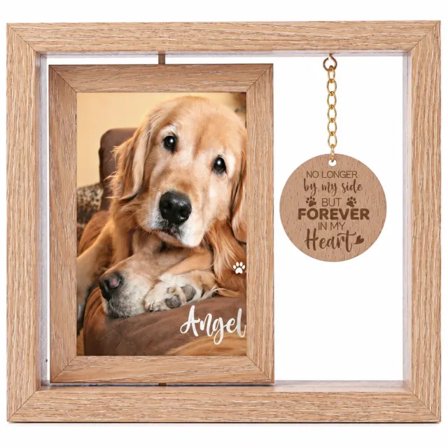 SWGOTA Massief houten herinneringsfotolijst voor huisdieren met draaibare binnenlijst en ronde hanger - staand - 21,5 x 20 x 4 cm Lichtbruin