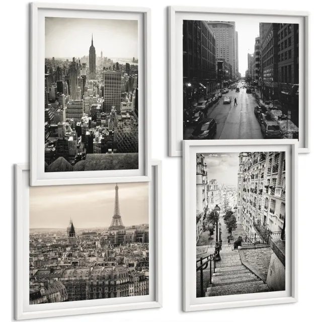 Coloray 4-Delige Schilderij Set - Stadsgezichten Parijs New York En Charmante Trappen - 40 x 40 En 40 x 60 - Decoratieve Schilderijen - Woonkamer - Interieur - Interieur Decoratie Witte lijst
