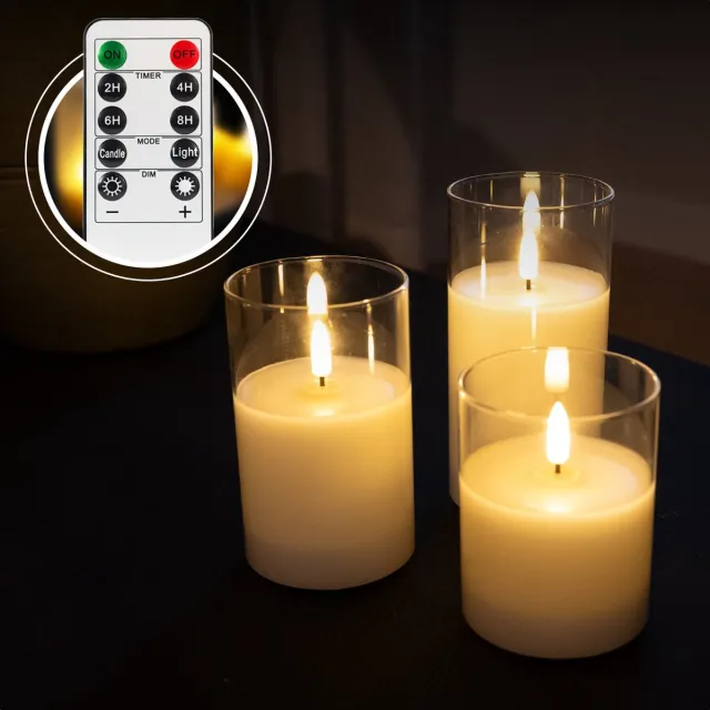 Akaro Oplaadbare LED Kaarsen – 3 LED Kaarsen met Glas – Nepkaarsen – 75+ Branduren - Inclusief Afstandsbediening Wit Glas