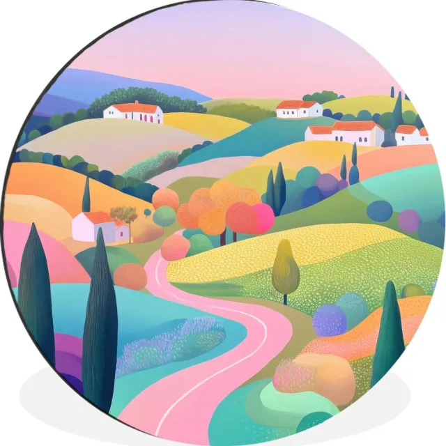 WallCircle Wandcirkel - Muurcirkel - Landschap - Paars - Pastel - Huizen - Aluminium - Dibond - 30x30 cm - Binnen en Buiten landschap - Pastel