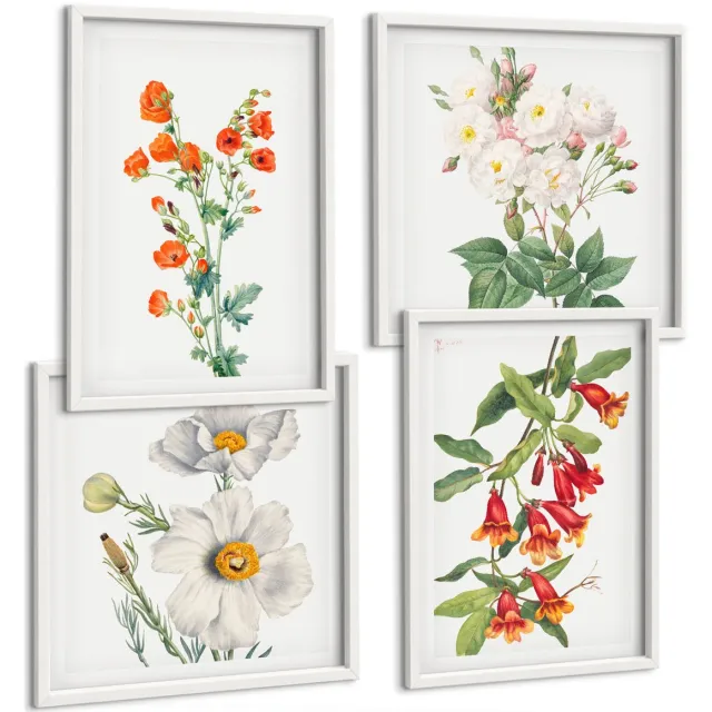 TULUP 4-Delige Schilderij Set - Bloemcomposities Retro Vintage Schilderij - 40x40 en 40x60 - Wanddecoratie - Schilderijen Set - Interieur - Stijlvolle Muurdecoratie Witte lijst