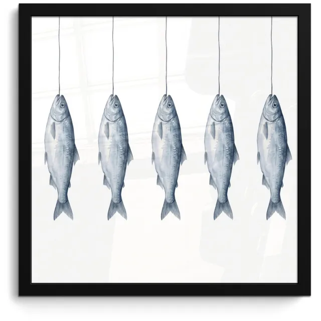 FrameYourWall Poster in lijst - Fotolijst 40x40 cm - Posters - Vissen - Illustratie - Delfts - Blauw - Posterlijst zwart - Decoratie - Wanddecoratie woonkamer - Muurdecoratie slaapkamer