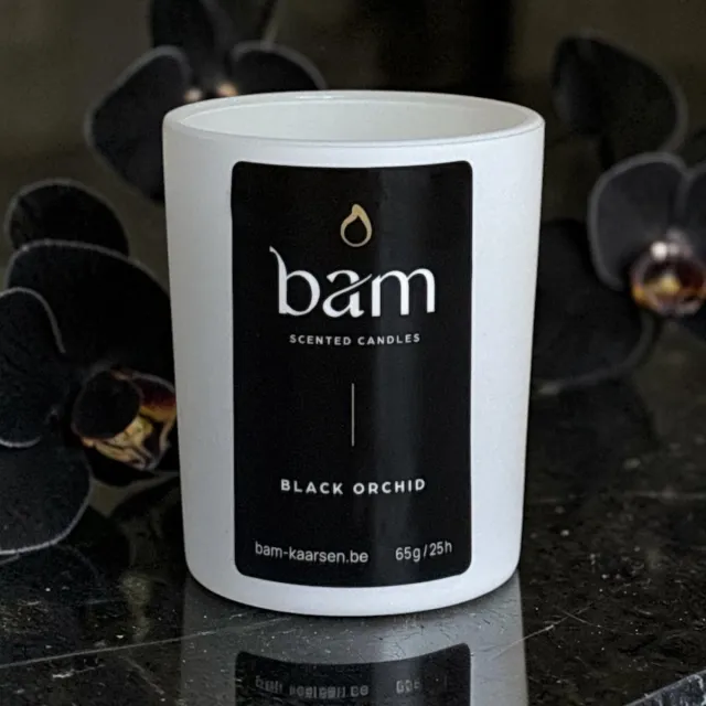 Bam Mini Zwarte Orchidee Geurkaars – Black Orchid Kaars met Houten Wiek – Vegan Geurkaars van Zonnebloemwas – 25 Branduren – Handgemaakt in België wit