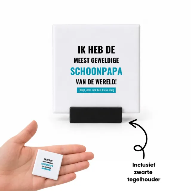 Hacebo ik heb de meest geweldige schoonpapa van wereld (klopt, deze mok heb ik van hem) tegeltje met tegelhouder - de meest geweldigste schoonvader - tegeltjes met tekst - vader cadeautjes - vaderdag - spreuktegels - 4.8x4.8 CM Wit