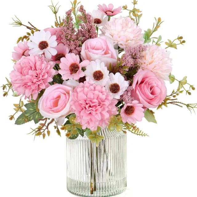 KCVV kunstbloemen herfst-kunstbloemen-kunstbloemen boeket-Een set van 3 kunstmatige herfstbloemen - vaas niet inbegrepen - boeket rozen met madeliefjes - perfect voor herfstdecoraties, bruiloften, Thanksgiving-decoraties -roze- 33 cm
