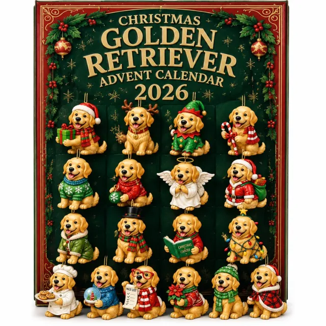 SWGOTA Adventskalender 2026 met 24 platte acryl kersthangers - Golden retrievers met ophangkoord - In kartonnen doos Meerkleurig