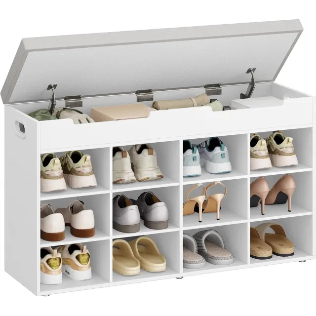 HILINSIE Schoenenbank, schoenenrek met zitvlak, bank met opbergruimte, 12 vakken, uitneembare planken, geschikt voor woonkamer, hal, entree, ruimtebesparend, 30 x 100 x 55 cm, wit