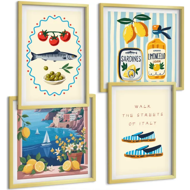 TULUP 4-Delige Schilderij Set - Italiaanse smaken en levensstijl in kleurrijke afbeeldingen - 40 x 40 cm en 40 x 60 cm - Muurdecoratie - Decoratieve Schilderijen - Wohnzimmer - Woonkamer Decoratie Gouden lijst