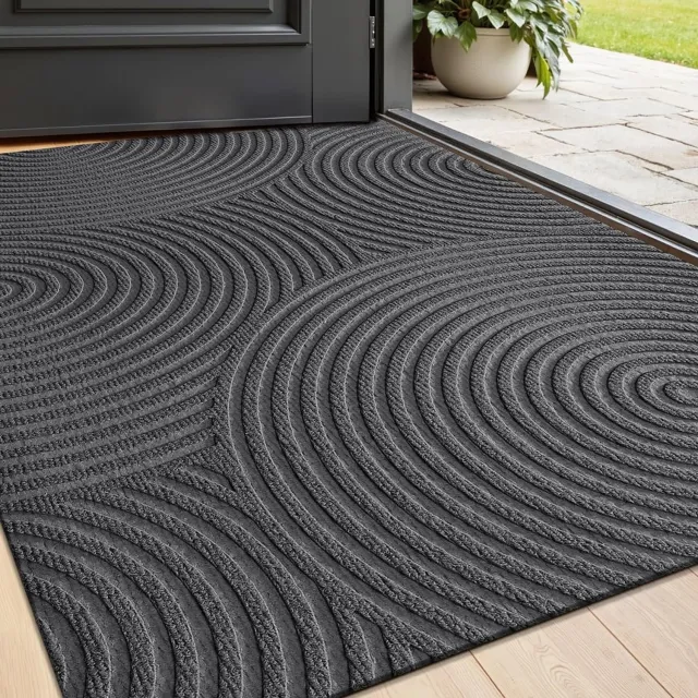 Ultiluxe Deurmat voor binnen buiten - Vuilvangmat voor voordeur entree - Antislip mat voor hal - Wasbare mat met groeven - Polyester bovenkant rubber onderzijde - Golvend druppelmotief met cirkels - Grijs - 45 x 75 cm