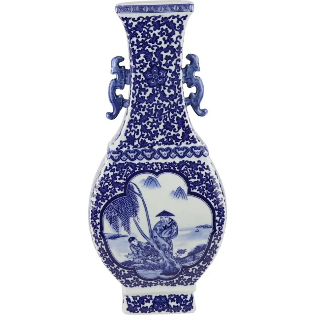Fine Asianliving Chinese Vaas Blauw Wit Porselein Landschap D15xH45cm Blauw, Wit