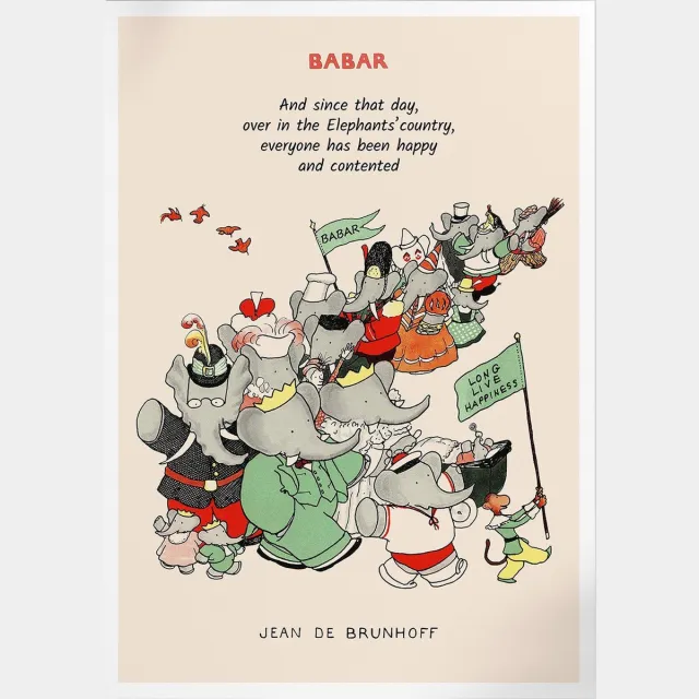 Pepperwall Love Live Happiness Babar (Babar de Olifant) | Poster | B2: 50 x 70 cm Multikleur