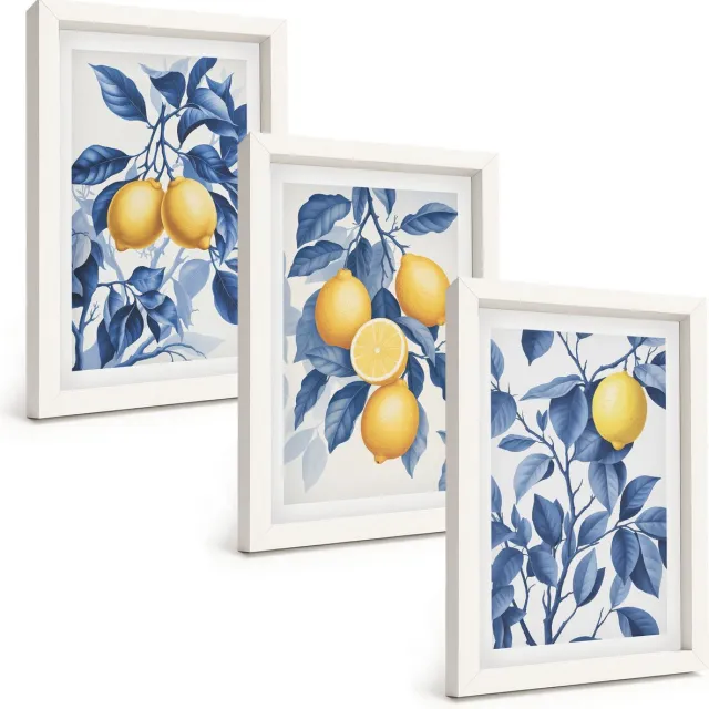 TULUP 3-Delige Schilderij Set - Citroenen aan takken met blauwe bladeren - 20x30 - Wanddecoratie - Moderne Interieurdecoratie - Decoratieve Schilderijen Witte lijst