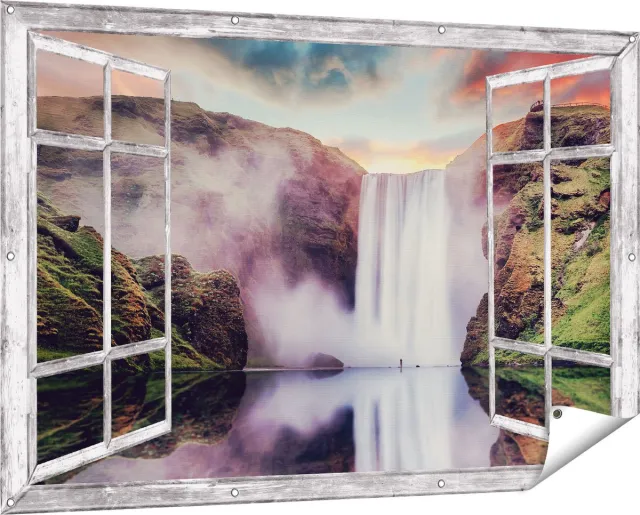 Gards Tuinposter Doorkijk Waterval met een Weerspiegeling in het Water - 150x100 cm - Tuindoek - Tuindecoratie - Wanddecoratie buiten - Tuinschilderij Grijs