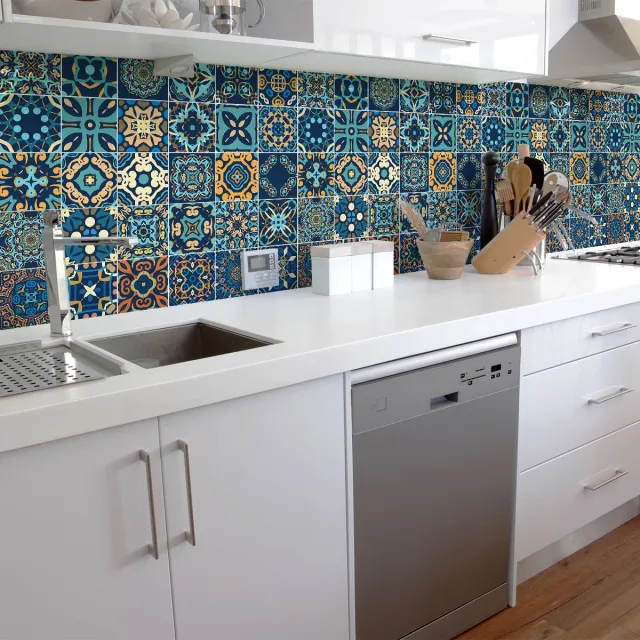 Ambiance Sticker Zelfklevende tegelmuurstickers voor keuken en badkamer - 30 cementtegelstickers, Azulejos Domitia-stijl - 30 stickers, 10x10 cm Multi color