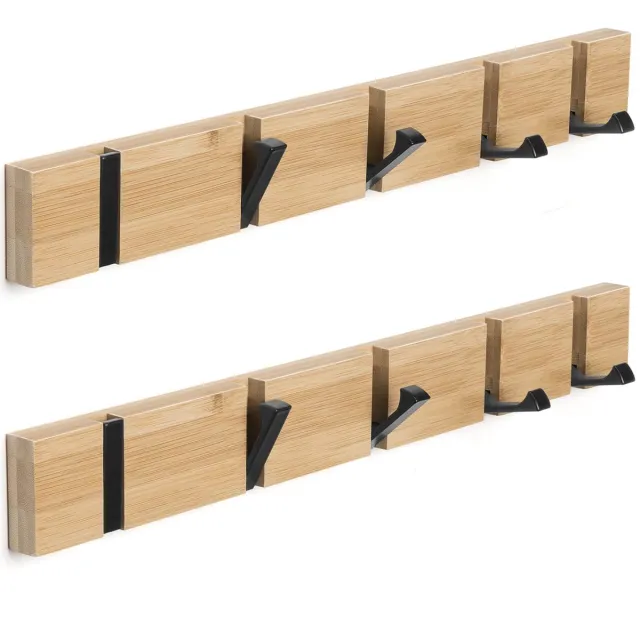 Famanu 2 stuks jashaken van hout, wandkapstok met opvouwbare kapstok en 5 haken voor jassen, hoeden en handtassen (42 cm Naturel