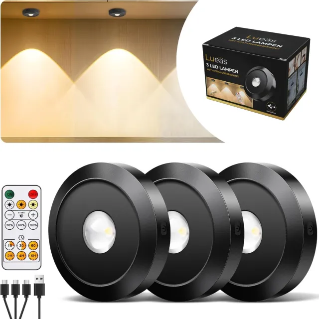 Lueas® Oplaadbare ledspotjes 3 stuks - Met Afstandsbediening - Dimbaar & Magnetisch - USB-C​ Zwart