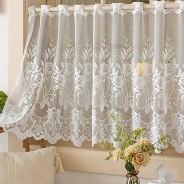 VHV Gordijnen - Vitrage - Valletje - Set van 2 - Kant - Geborduurd - Landelijk - Voor keuken en woonkamer - Lichtdoorlatend - 140*70cm - Stijl 2 - Wit Wit1