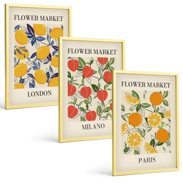 Coloray 3-Delige Schilderij Set - Bloemenposters Parijs Londen - 40 x 40 cm En 40 x 60 cm - Stijlvolle Muurdecoratie - Slaapkamer - Wanddecoratie Gouden lijst