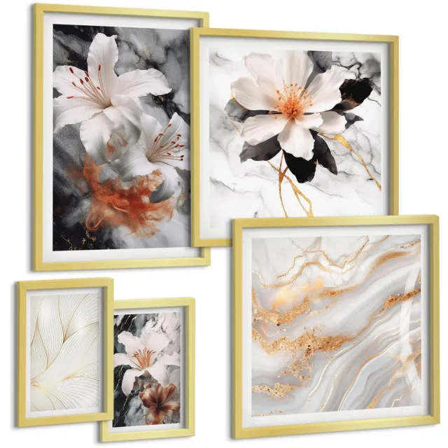 TULUP 5-Delige Schilderij Set - Bloemmotieven op een marmeren achtergrond in een elegante stijl. - 50 x 50 cm, 20 x 30 cm en 40 x 60 cm - Wanddecoratie - Muurdecoratie - Moderne Interieurdecoratie - Woonkamer Decoratie Gouden lijst