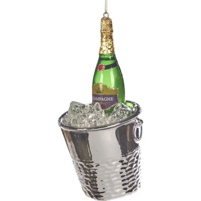 Goodwill M&G Kerstornament - Champagne in Wijnkoeler - glas - zilver groen - 13cm