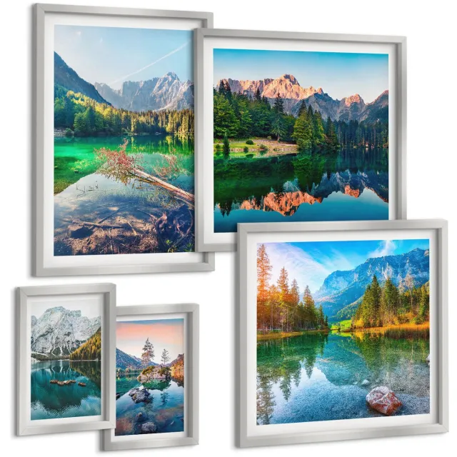 TULUP 4-Delige Schilderij Set - Berglandschappen met meren en groene bossen - 50 x 50 cm, 20 x 30 cm en 40 x 60 cm - Decoratieve Schilderijen - Wanddecoratie - Hal - Stijlvolle Muurdecoratie Zilveren lijst