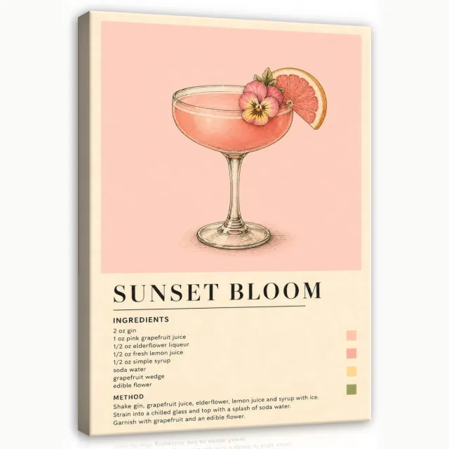 WALLARENA Schilderij op canvas - 60x40 cm - Sunset Bloom cocktailrecept in retrostijl - keuken wanddecoratie en bar decoratie Roze