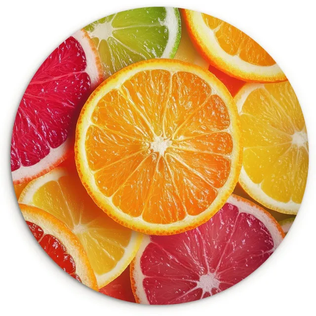 WallCircle Wandcirkel 150x150 cm - Muurcirkel Fruit - Kleurrijk - Close up - Muurdecoratie woonkamer - Wanddecoratie slaapkamer - Kamer decoratie accessoires - Ronde schilderijen Citrusvruchten - Kleurrijk