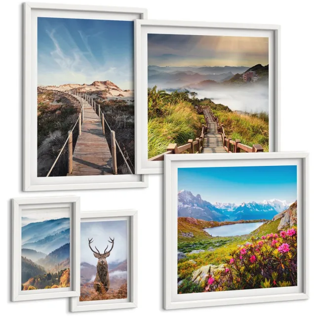 TULUP 4-Delige Schilderij Set - Natuurlijke berg- en boslandschappen met wilde dieren - 50 x 50 cm, 20 x 30 cm en 40 x 60 cm - Muurdecoratie - Schilderijen Set - Woonkamer - Woonkamer Decoratie Witte lijst