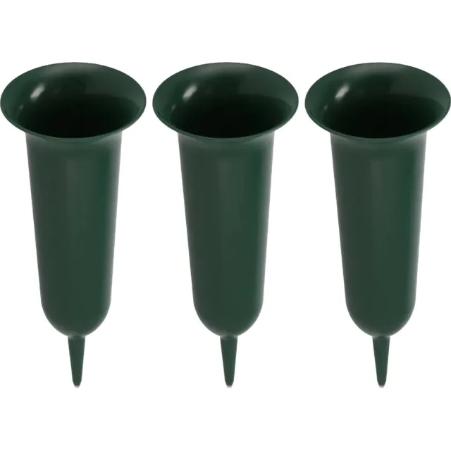 DK design Grafvaas kunststof - 3x - groen - H32 cm - grafdecoratie - bloemenvaas voor herdenkingsplaats/kerkhof