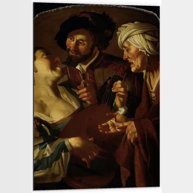 KuijsFotoprint Dibond - Oude meesters - De koppelaarster, Dirck van Baburen - 60x90cm Foto op Aluminium (Wanddecoratie van metaal) Bruin