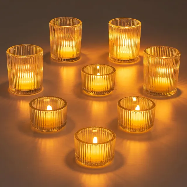 Famanu Glazen theelichthouders set van 8, heldere geribbelde kaarsenhouders voor eettafel en huisdecoratie Zwart