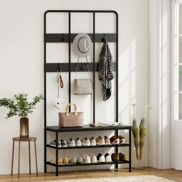 MODFU Luxe 3-in-1 Industriële Kapstok met Zitbank & Schoenenrek (91 cm) - Halmeubel met 6 Haken - Zwart