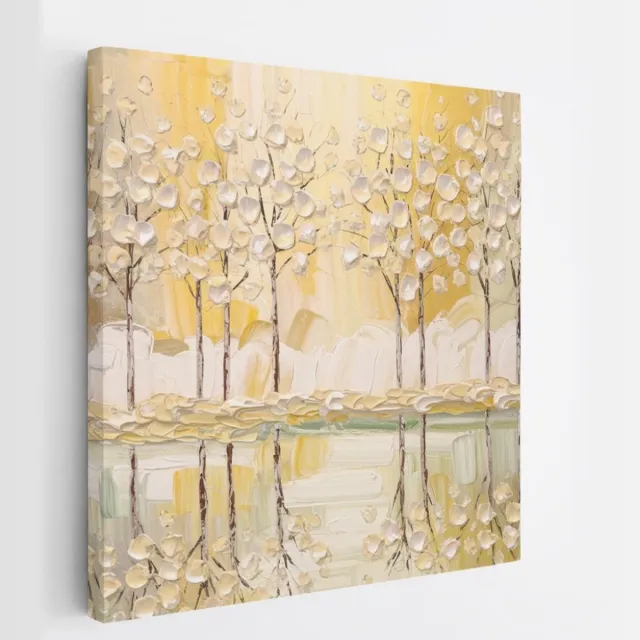 Saammp Canvas Schilderij - Abstract bos - Goud - Wit - Landschap - Natuur - 60x60 - Foto op canvas - Wanddecoratie - Muurdecoratie Woonkamer - Slaapkamer decoratie - Canvas Print Multicolor