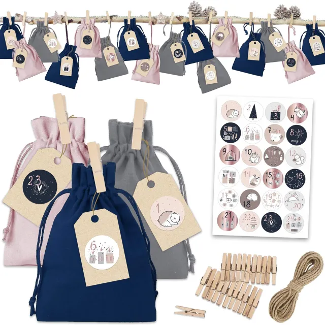 Famanu Kerstkalender stoffen zakjes, 24 stuks, voor vullen en versieren, inclusief accessoires