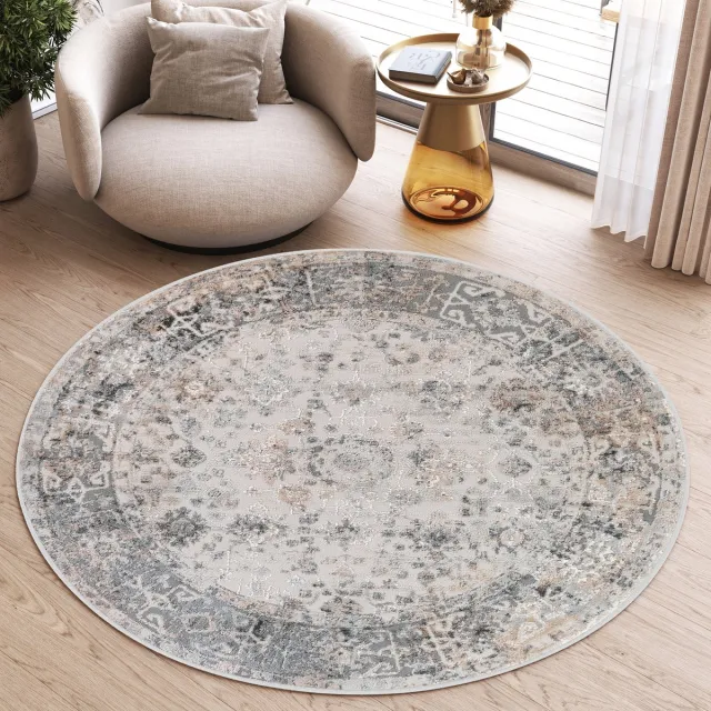 Tapiso Valley Rond Vloerkleed Grijs Vintage Laagpolig Tapijt