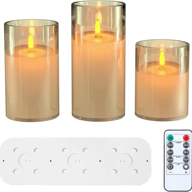 Ayangoods Oplaadbare Vlamloze Kaarsen - Realistisch Flikkerend Licht - Draadloos Opladen - Afstandsbediening en Oplaadstation - Set van 3 pcs - Sfeervolle LED-Kaarsen met Lange Brandduur Glas