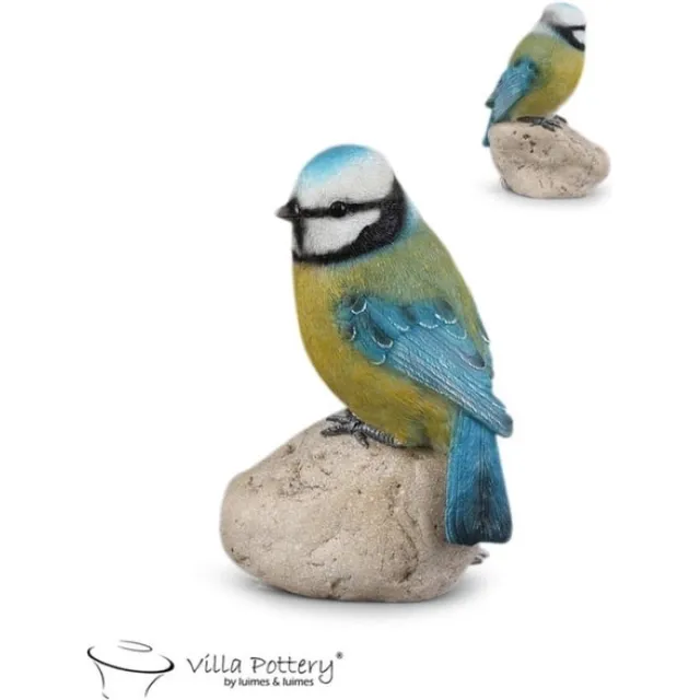 Villa Pottery Pimpelmees op steen 10x6x15 blauw