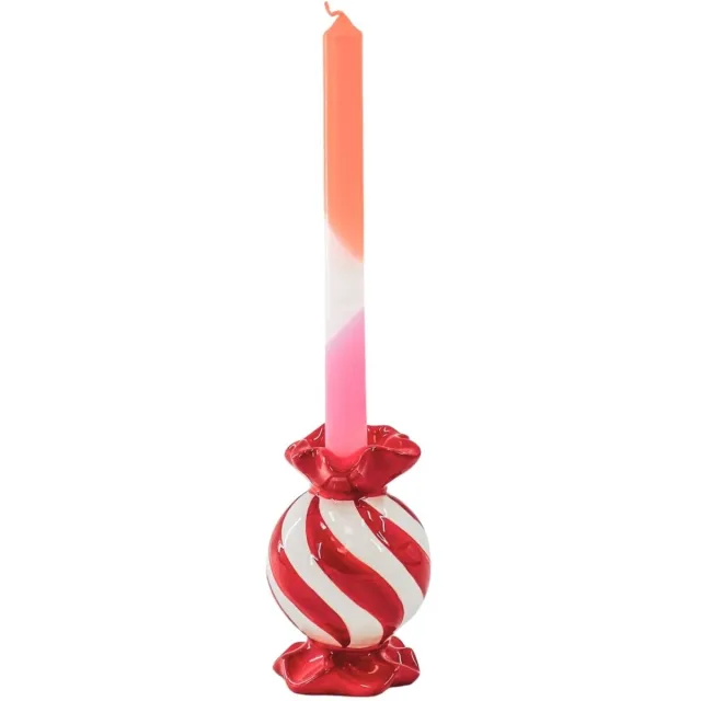Housevitamin Kandelaar- Rond Toffee Snoepje Kaarshouder- Keramiek- Rood/ Wit- 8,5x8,5x13 cm Rood/Wit