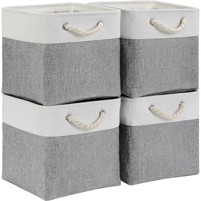Whoopr® Opbergdozen in Stof - Grijswitte Manden in Blokjespatroon (30x30x30 cm) - Voor Kast, Plank en Kleding - Opvouwbaar - Verpakking van 4 Stuks