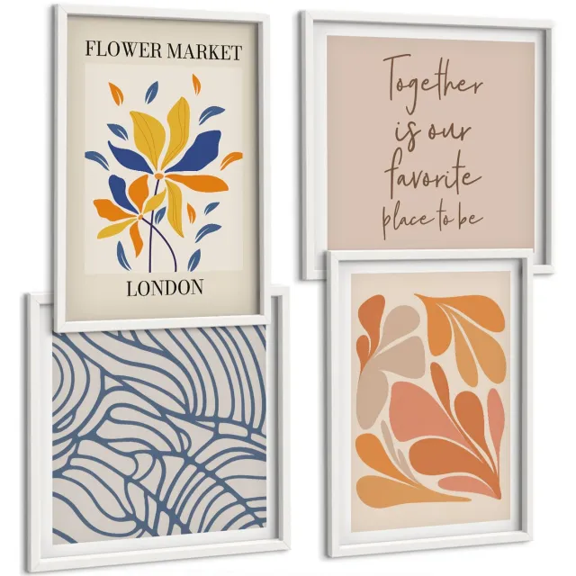 Coloray 4-Delige Schilderij Set - Moderne Bloemen Met Abstracte Patronen - 40 x 40 En 40 x 60 - Decoratieve Muurdecoratie - Slaapkamer - Stijlvolle Muurdecoratie Witte lijst