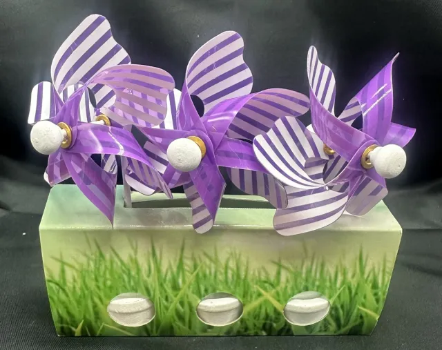 Impuls Set van 3 decoratieve windmolentjes in pot - kunststof+houten steker "Paars met witte strepen"- meerkleurig + witte potjes- dia 9 cm x hoogte 16 cm - Tuinaccessoires - tuinstekers Meerkleurig - paars + streepjes