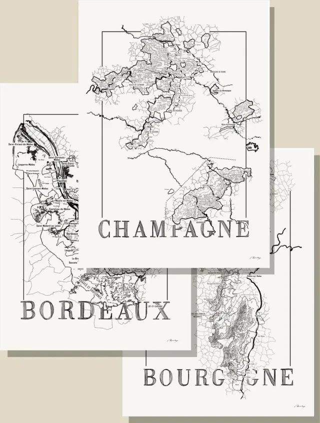 Brushery Posters zwart wit - Set Frankrijk - Bourgogne - Champagne - Bordeaux