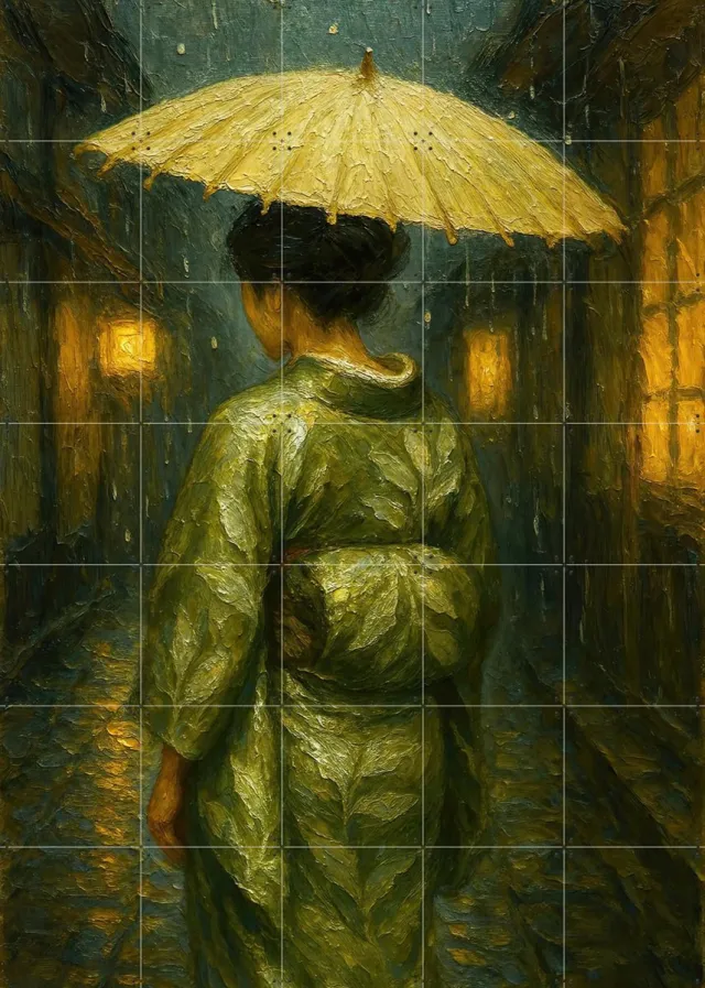 IXXI Geisha with a Parasol in the Evening Light, Natalie Bruns - 100 x 140 cm - Grote wanddecoratie en posters - Olieverf, Impressionisme, Realisme groen