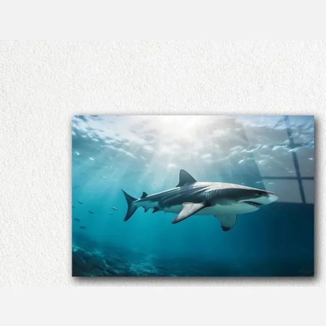 Myfinto Indoorart - Glasschilderij haai 120x80 CM - Afbeelding op plexiglas - Inclusief montagemateriaal blauw