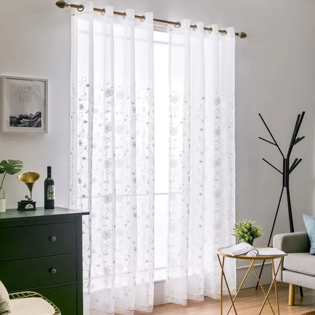 Ibenzoa Transparant voile gordijn met bloemenmotief en oogjes voor stijlvolle ramen wit