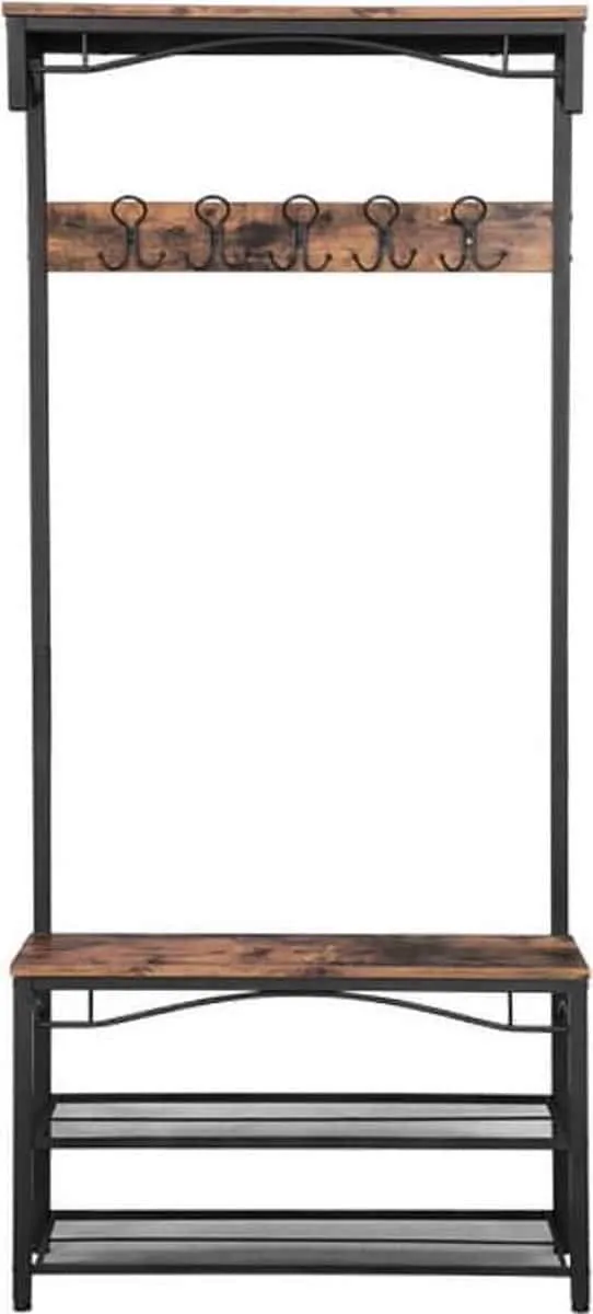 c90 Home garderoberek hoed en kapstok, zitbank / hal schoenenrek en bank met planken, hal boom met haken, metalen frame met matte afwerking, 80 x 32 x 178,5 cm (L x B x H) HSR45BX Donkerbruin
