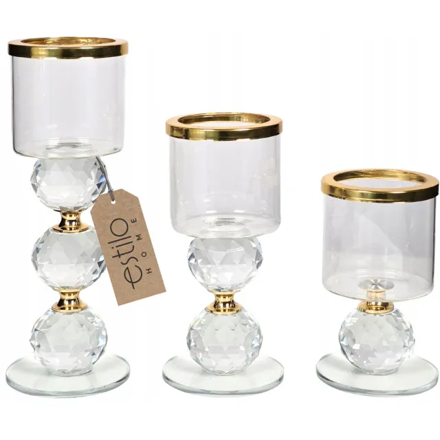 Estilo Home Set van 3 Luxe Glazen Kandelaars met Gouden Accent en Kristal