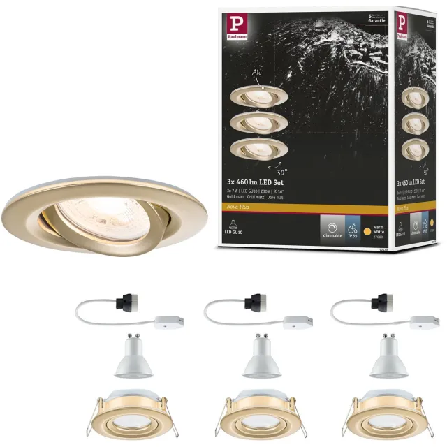 Paulmann LED-inbouwlamp Nova Plus Set van 3 IP65 rond 93 mm 30° GU10 3x6W 3x460lm 230V dimbaar 2700K Goud mat