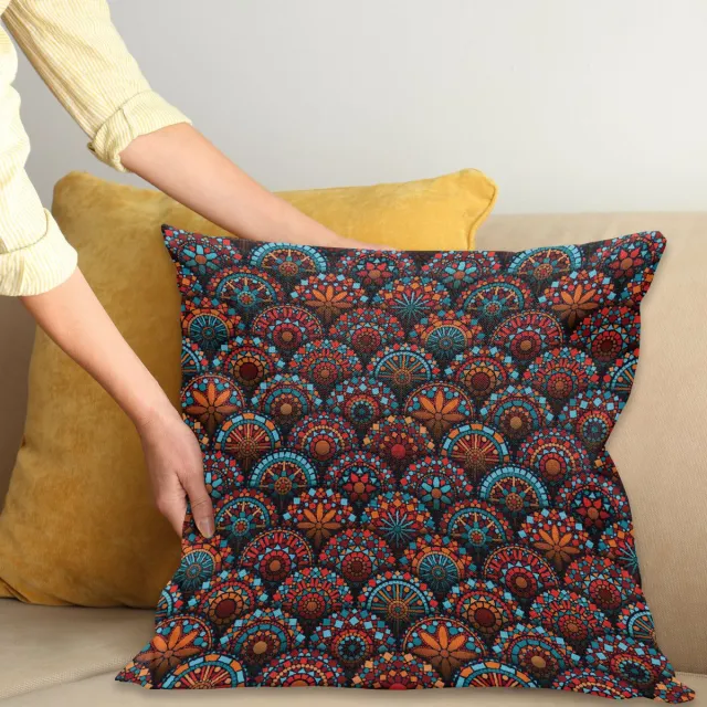 ABAKUHAUS Mandala Kussenhoes, Geometrische Blumenarten, Decoratieve Kussenhoes met Dubbelzijdige Print, Ritssluiting, Wasbaar, 50 x 50 cm, Scarlet Oranje en Blauw