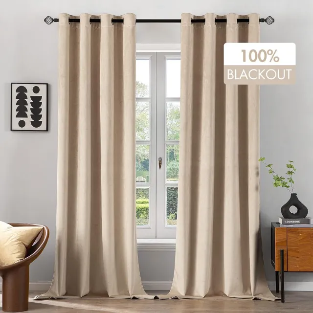 Thuys Gordijnen, 100% ondoorzichtig, fluwelen gordijnen voor slaapkamer, ondoorzichtig, thermische gordijnen met ringen, koudebescherming, verduisteringsgordijn, set van 2, H x B 260 x 140 cm, beige